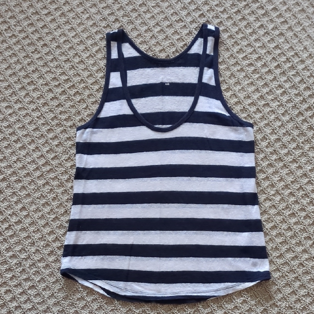 J Crew 100% Linen Navy And White Top